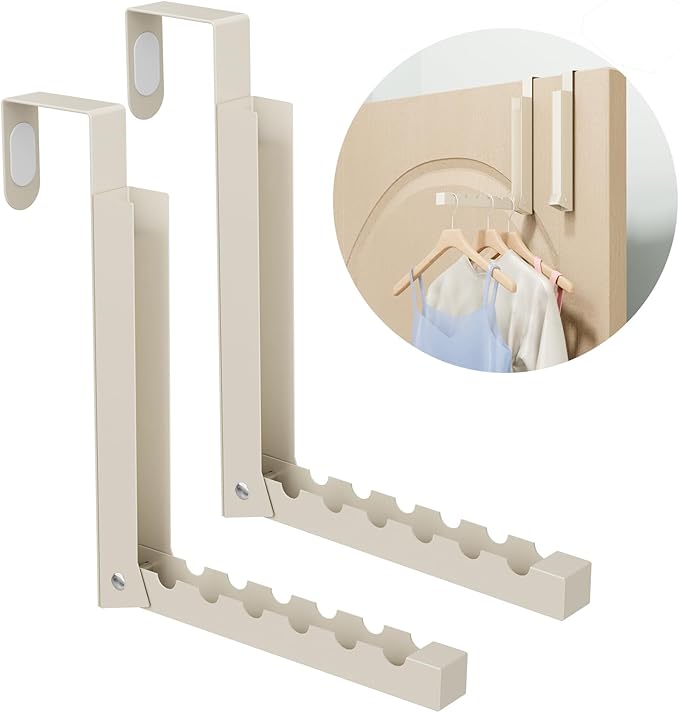 BAKON Over The Door Hanger Folding Clothes Drying Rack, Folding Hanging Coat Rack for Indoor Laundry Room Compact Small Space Foldable Portable Clothing Hanger Hook Collapsible-2 Pack (Beige)