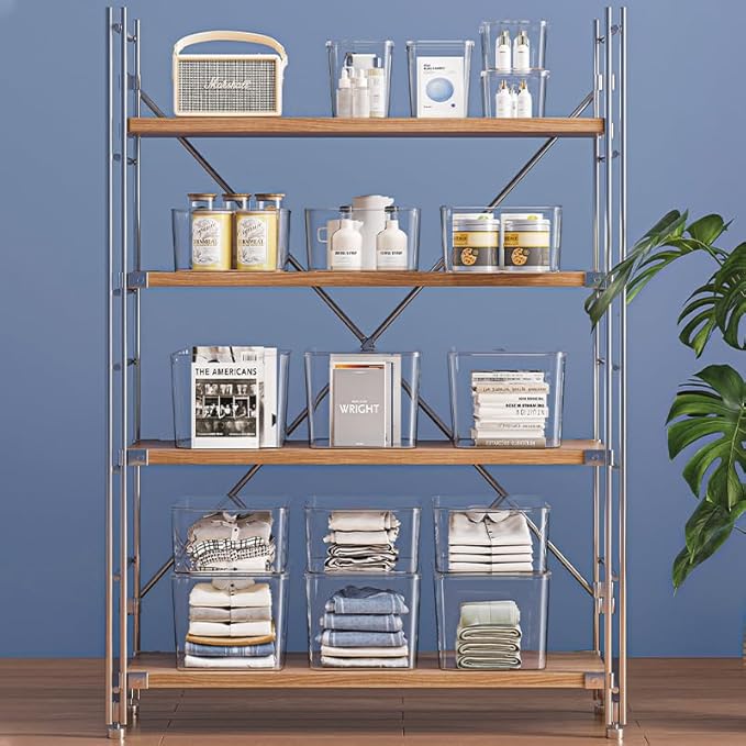 4 Large Lidded Plastic container, Clear Stackable Storage Boxes for Cabinets, Organization and Storage for Shelves Office Bathroom