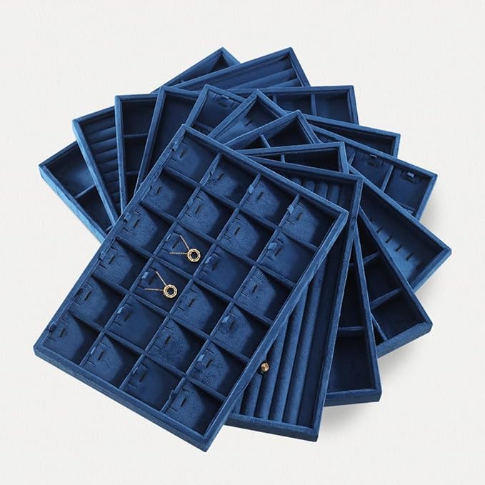 Velvet Stackable Jewelry Display Tray, 12 Grid Watch Bangle Bracelet Storage Tray, Makeup Drawer Insert Jewelry Shop Organizer Plate (Blue)