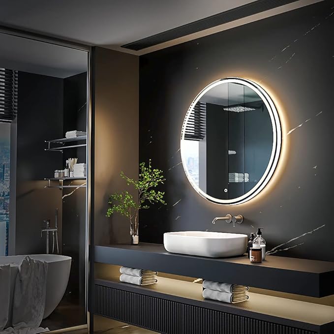 KWW 40 Inch Large Modern LED Round Bathroom Vanity Mirror, Color Temperature Adjustable, Anti-Fog Dimmable Lights, Easy to Install, Wall Mounted Makeup Mirror with Smart Touch Button