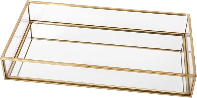 HighFree Rectangle Gold Mirror Tray, Decorative Glass Mirrored Vanity Tray for Perfume, Cosmetics, Makeup, Trinket, Jewelry (10.2X 5.5x1.6)