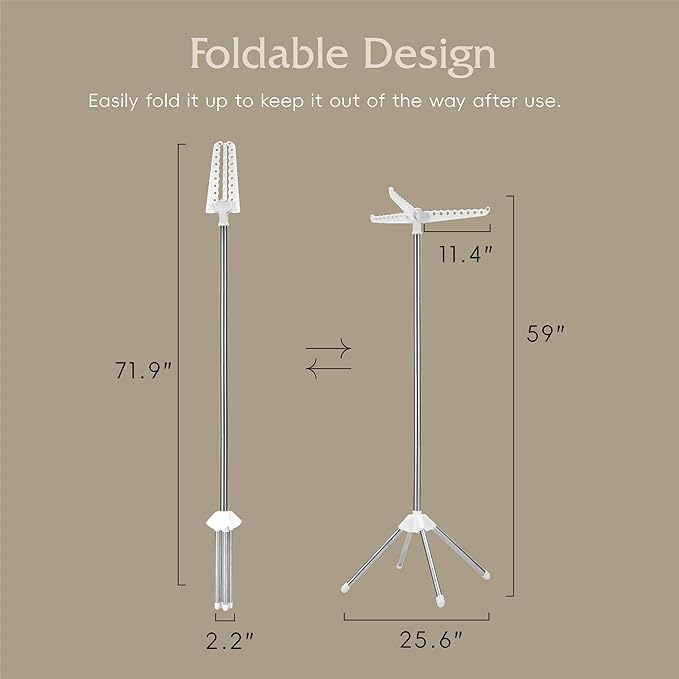 Beaudaily Clothes Drying Rack, Foldable Laundry Drying Rack, Indoor 59-Inch Drying Rack Clothing with 3 Rotatable Arms, Stainless Steel, Holds 27 Pieces, Space Saving, Portable, White and Silver