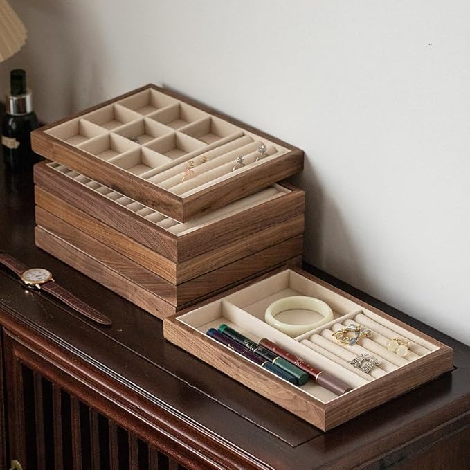 Black Walnut Wooden Jewelry Tray Organizer with Velvet Lining - Jewelry Storage & Display Tray for Rings, Earrings, Bracelets, Watches - Multi-Functional Drawer Organizer (1 Grid + 5 Line)