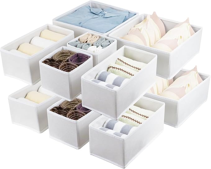 12 Pack Drawer Organizer Clothes, Foldable Fabric Dresser Organizer Closet Organizers and Storage Box for Underwear,Folded Clothes,Baby Clothing,Socks,Bra,Towels,Ties(12 Pack,White)
