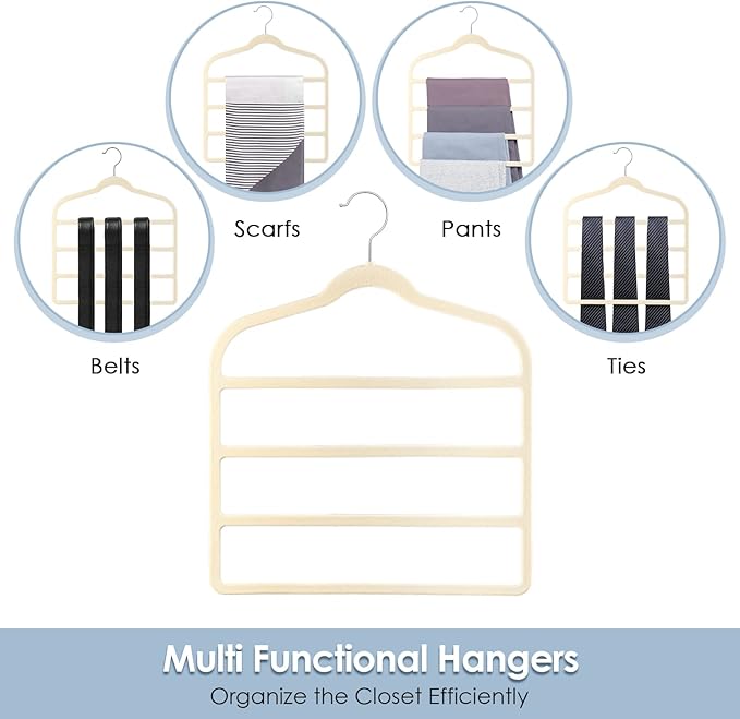 Velvet Hangers Space Saving Non Slip Pant Velvet Hangers, DUDUCOFU 4 Pack Beige Multi Layer Clothes Hangers Closet Organizer for Pants Trousers Scarf