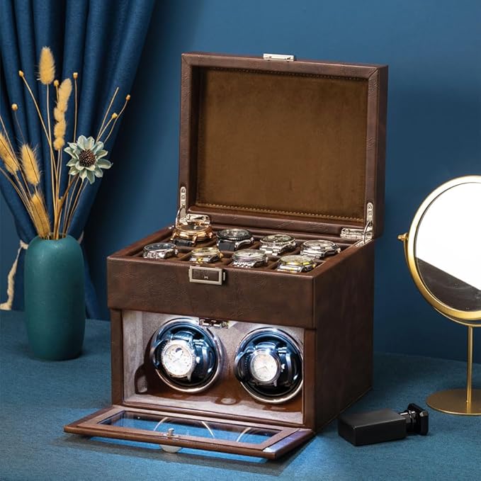 Automatic Watch Winder,Double Watch Winder and 8 Extra Storage Display Box with LED Light,Japanese Quiet Motor,Adjustable Watch Pillows,AC Adapter,Father’s Day Gift for Men