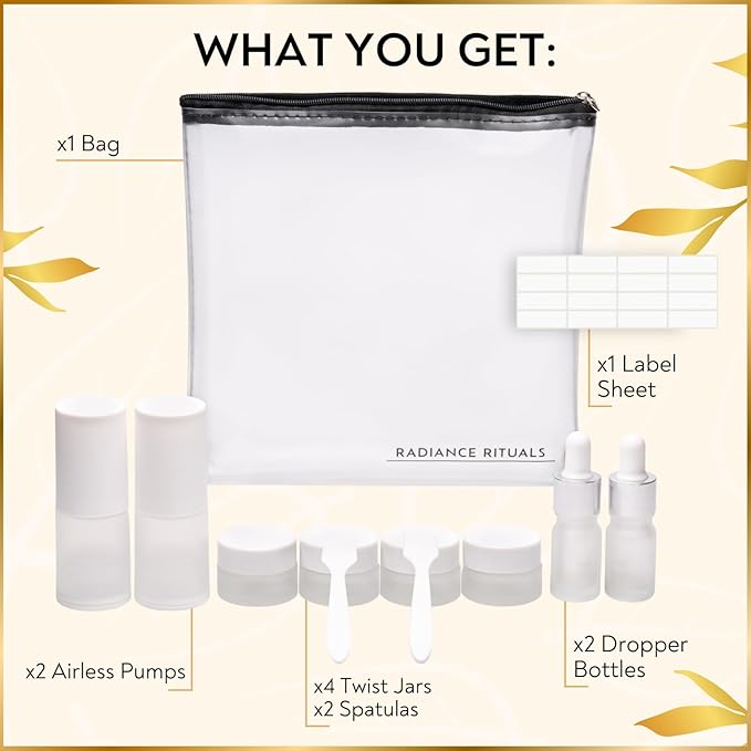 11 Piece Travel Skincare Containers Set - TSA Approved Toiletry Bag & Travel Size Toiletries Bottles - Airless Pump, Dropper Bottles & Travel Size Containers for Serums, Moisturizers, & Oils