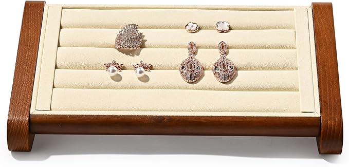 Solid Wood Ring Stand Earrings Stand Jewelry Display Stand Wood Jewelry Ring Showcase Display Organizer for Showcase Storage (Beige)