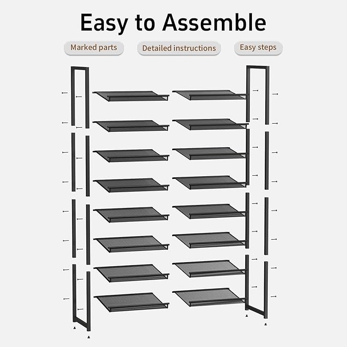 Shoe Rack, 8-Tier Metal Shoe Organizer, Tall Shoe Rack for Closet,entryway,Garage, with Adjustable Flat or Angled Shelves, 32-40 Pairs,Shoes That can accommodate The Whole Family.