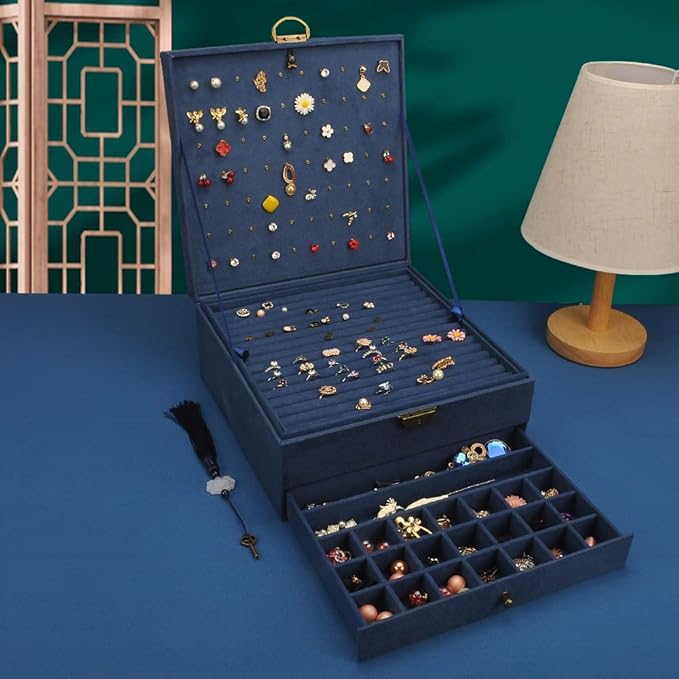 Jewelry Organizer 5 Layers Velvet Square Jewelry Box Women Necklace Ear studs Display Bangles Large Jewelry Storage Case Drawer GY306 (Navy)