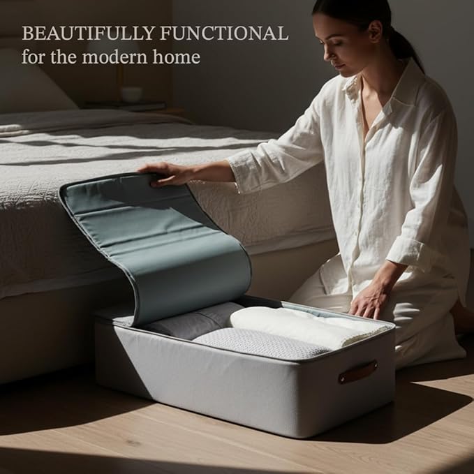 Under Bed Storage Container – Foldable Underbed Storage Bin for Clothes & Bedding, Canvas Under Bed Storage Box with Lid, Low Profile 8″ Organizer with Handles