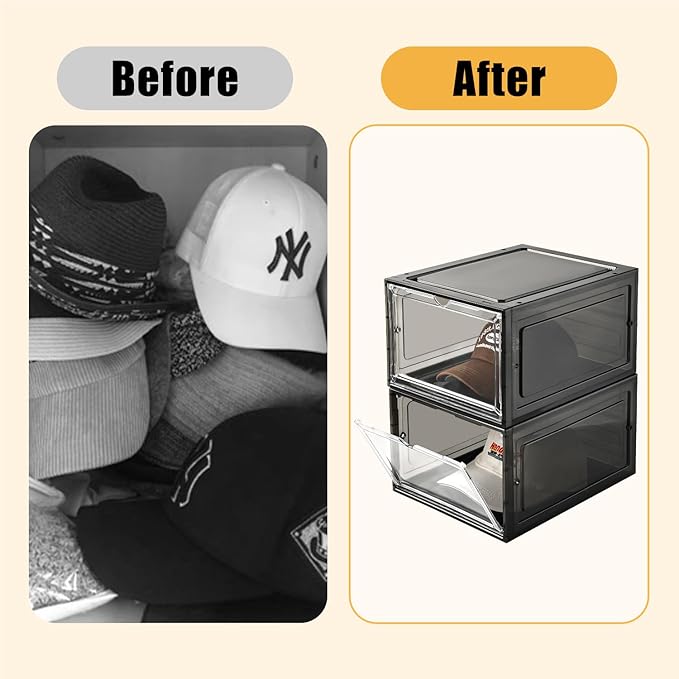 Hat Organizer Box,Stackable Clear Baseball Caps Holder Box Containers with Magnetic Door for Hats Snapback Cap Storage,Clear Hat Storage with Magnetic Door, Holds 40 Hats (black clear, 4 pack)