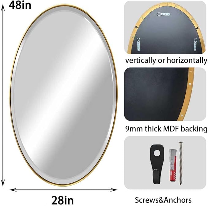 POZINO Brushed Gold Beveled Mirror, 28"x48" Large Brass Oval Mirrors, Bathroom Mirror for Over Sink, Modern Rounded Vanity Wall Mirrors in Premium Stainless Steel Frame, Hangs Horizontal Or Vertical