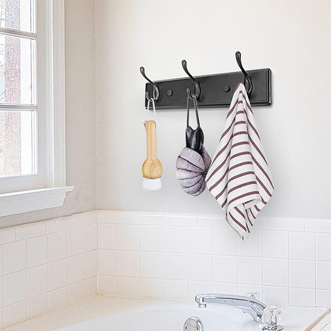 Wooden Coat Rack, Wall-Mounted Organizer for Closet, Entryway, Hallway, Foyer, Bedroom, Heavy Duty Double Hooks for Hanging Towels, Bags, Hats, Jackets, Key (Black, 3 Hooks)