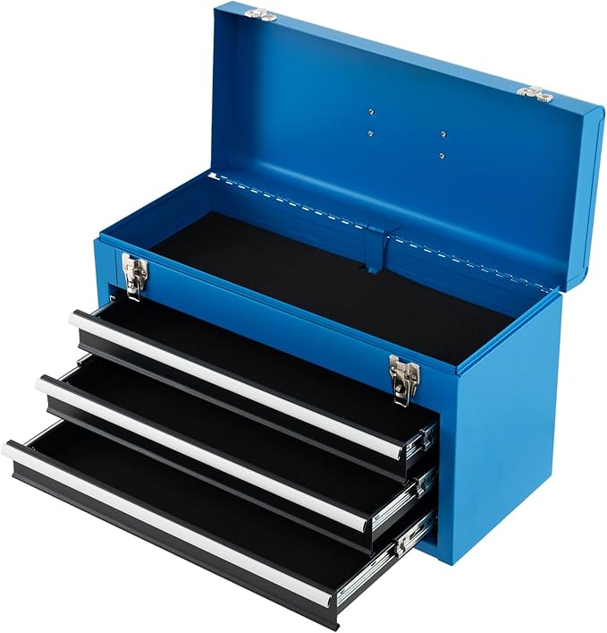 IRONMAX Portable Tool Box, 20.5’’ Lockable Steel Tool Chest Cabinet w/Comfortable Handle & 3 Drawers, Heavy Duty Storage Toolbox Tool Organizer for Garage, Warehouse, Home (Blue)