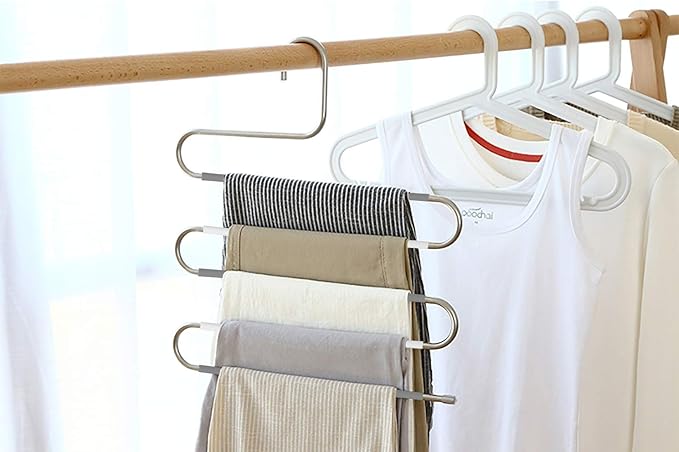 Devesanter Space Save Non-Slip 6 Pack S-Shape Trousers Hangers - Stainless Steel Clothes Hangers Closet Storage Organizer for Pants Jeans Scarf Hanging Grey and White