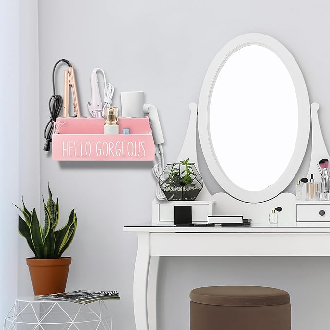 Bivvclaz Hair Tool Organizer, Wooden Hair Dryer Holder Countertop, Wall Mount Hot Tools Organizer for Hair Styling Accessories, Bathroom Supplies Vanity Caddy for Curling Wand, Blow Dryer, Pink