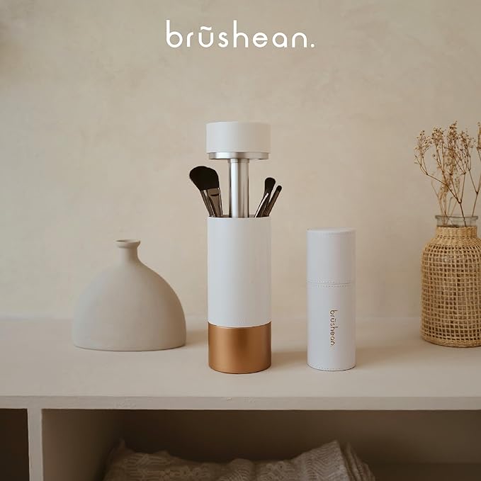 UVC Sanitizer with Ozone, Makeup Brush Holder, One Touch for Open, Dustproof Make Up Supplies Organized Storage, Stylish and Durable Design (Standard, White/Rose Gold)