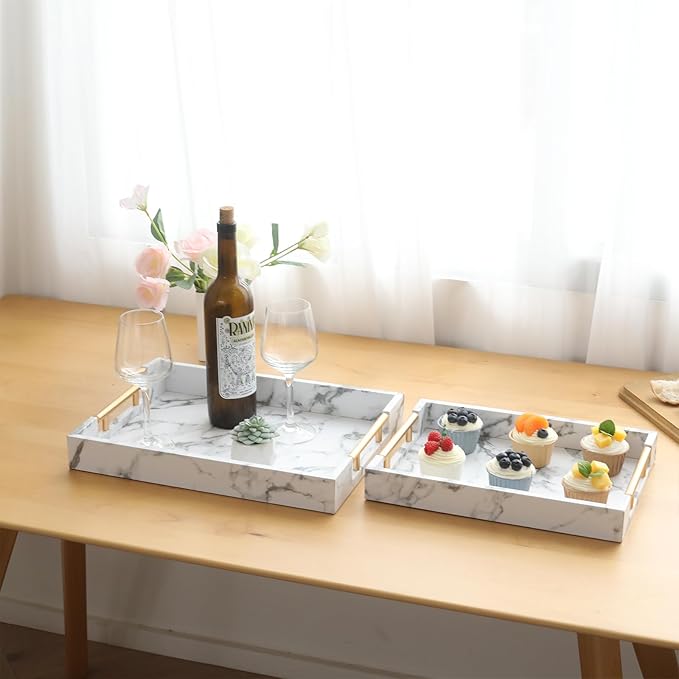 SwallowLiving Set of 2 White Fake Marble Serving Tray with Gold Polished Metal Handles White Decorative Wood Tray PU Leather with Brushed Gold for Coffee Table Ottoman Console Table Decor