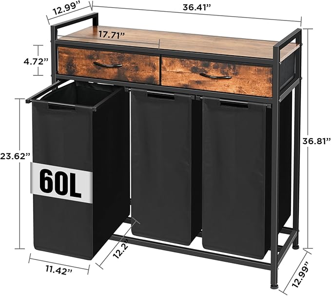 Laundry Sorter 3 Section, 180L Laundry Hamper Basket with Shelf and 2 Drawers, 3 Compartment Clothes Storage Organizer Cart, Pull-Out Removable Oxford Fabric Bags, Rustic Brown and Black