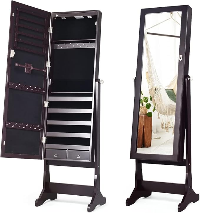 COSTWAY Standing Mirror Jewelry Cabinet, Large Storage Jewelry Organizer w/Full Length Mirror, 4 Adjustable Angles & 2 LED Lights, Lockable Jewelry Armoire for Women Girls, Brown