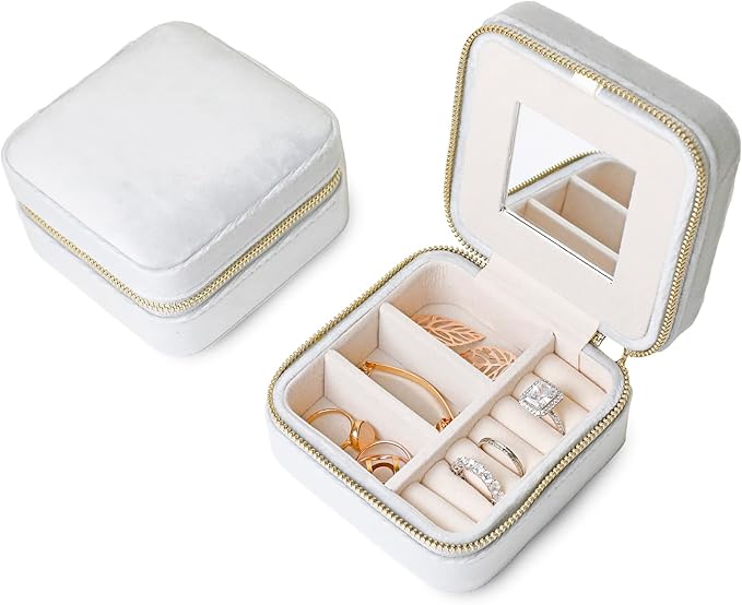 Customizable Compact Velvet Jewelry Box with Mirror, Travel Jewelry Case, Travel Jewelry Organizer, Jewelry Box for Women and Girls, Small Jewelry Organizer (Flower Design, Milky Gray)