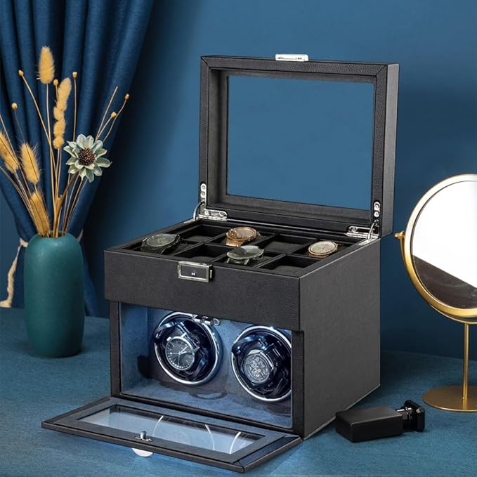Automatic Watch Winder,Double Watch Winder and 8 Extra Storage Display Box with LED Light,Japanese Quiet Motor,Adjustable Watch Pillows,AC Adapter,Father’s Day Gift for Men