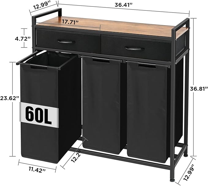 Laundry Sorter 3 Section, 180L Laundry Hamper Basket with Shelf and 2 Drawers, 3 Compartment Clothes Storage Organizer Cart, Pull-Out Removable Oxford Fabric Bags, Black