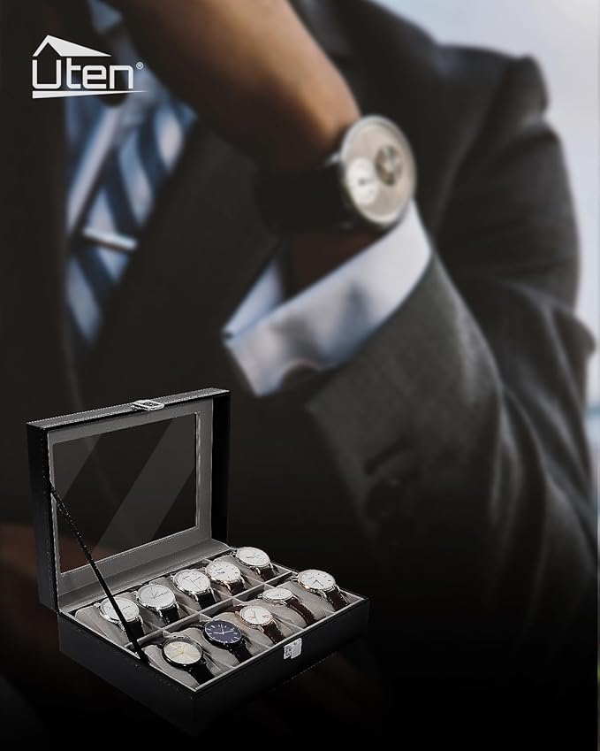 Uten Watch Box with 10 Slots, Watch Box for men, Watch Display Case, Watch Storage Box with Removable Cushion, Metal Clasp, PU Leather