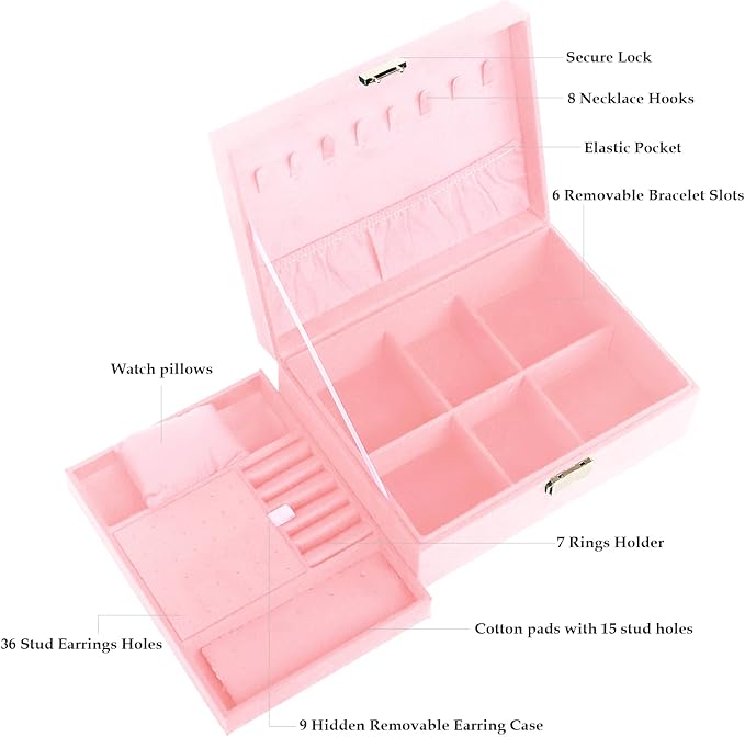Nsmykhg Velvet Jewelry Box Organizer - 2 Pack Lockable 2 Layer Travel Case with Removable Tray, Jewelry Storage for Women & Men, Jewelry Display Case for Rings, Necklace, Earrings (Pink)