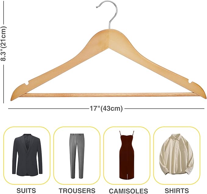 Wooden Hangers - 60 Pack - Clothes Hanger for Daily Used,Heavy Duty Wood Hangers with Precisely Cut Notches,Coat Hanger for Closet, Clothes Hangers for Shirt Suit Dress (Natural)