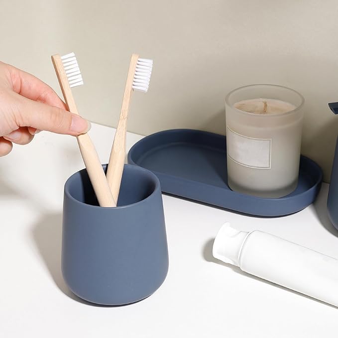 INGOFIN 3 Pcs Ceramic Bathroom Accessory Set - Liquid Soap Dispenser, Toothbrush Holder & Tray, Bathroom Counter Set, Countertop Essentials for Home, Guest Bathroom, or Office Use, Matte Blue