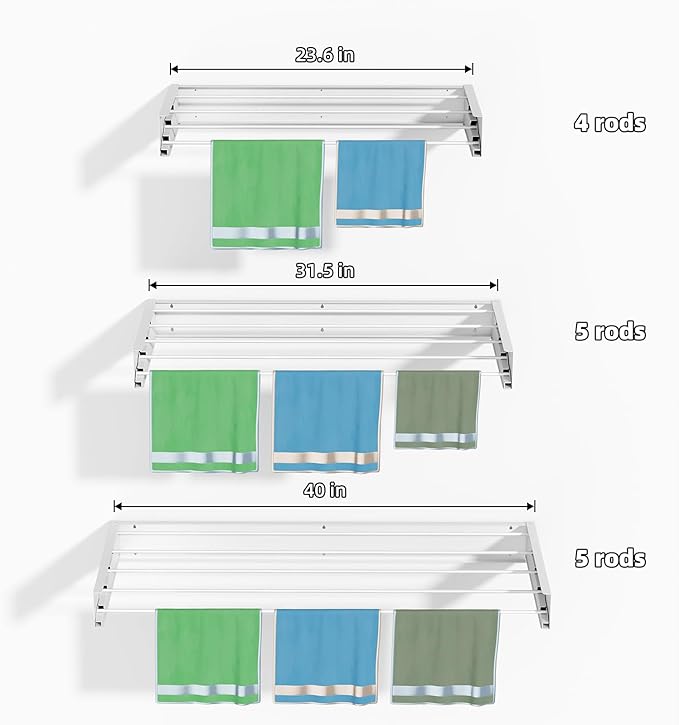 Laundry Drying Rack Collapsible, Wall Mounted Clothes, Retractable Wall Drying Rack, 23.6" Wide, 4 Aluminum Rods, Max 60 lb Capacity (White, 23.6'')