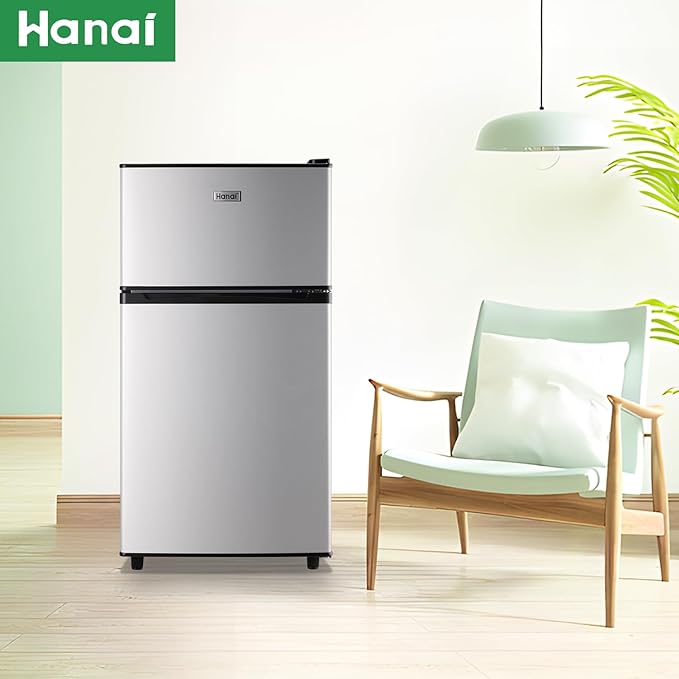 WANAI Mini Fridge with Freezer Two Doors Compact Refrigerator with 7 Setting Adjustable Thermostat Crisper Drawer & Removable Shelves Extra Drink Space Low Noise Freezer-on-Top Refrigerator, Silver
