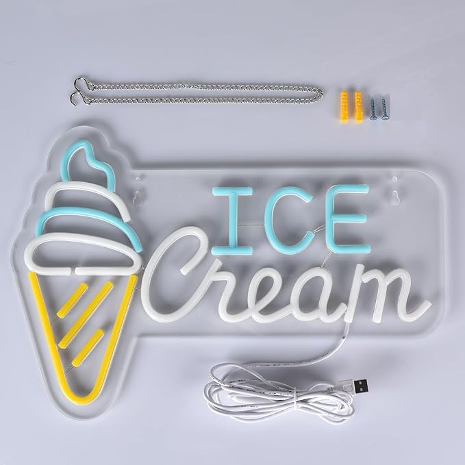 Ice Cream Neon Sign LED Light up Sign with Dimmable Switch Ice Cream Shop Wall Decor for Business Store Drink Shop Bar Party Cafe USB Powered 16.1" x 11"