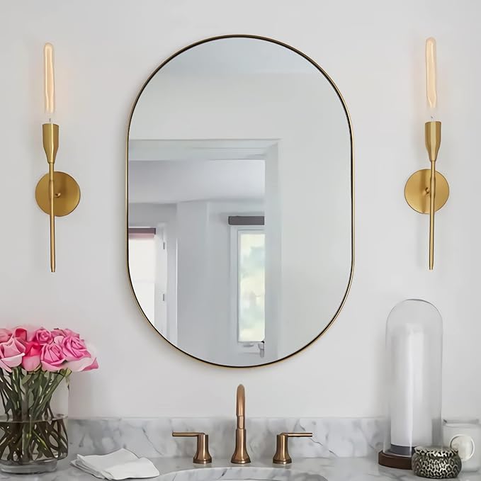 ANDY STAR Gold Oval Mirror, 24’’x36’’ Brass Mirror for Wall, Oval Mirrors for Bathroom in Stainless Steel Metal 1’’ Thin Frame Pill Shaped Hangs Vertical or Horizontal Ideal for Limited Space