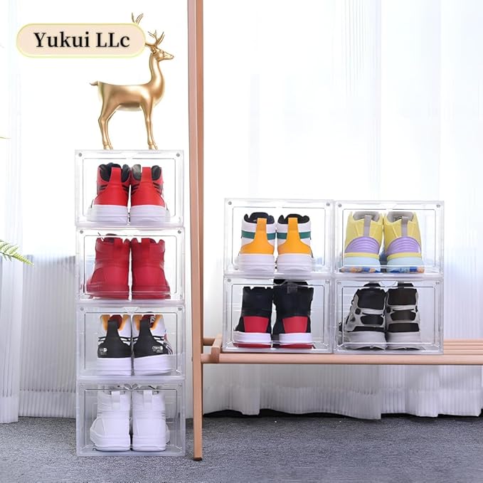 Large Clear Shoe Storage Boxes 12 Pack Stackable, Drop Front Magnetic Door Shoe Organizer with Plastic Sneaker Display Case Containers Transparent Shoe Rack for Closet Organization Fit US Size 12