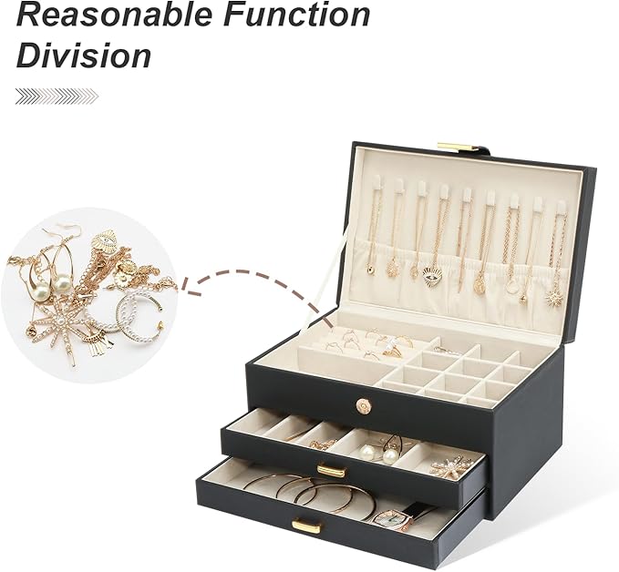 Jewelry Boxes for Women, Jewelry Holder Organizer for Christmas Gift, Jewelry Boxes & Organizers for Rings Earring Necklace Bracelet Watch, Black
