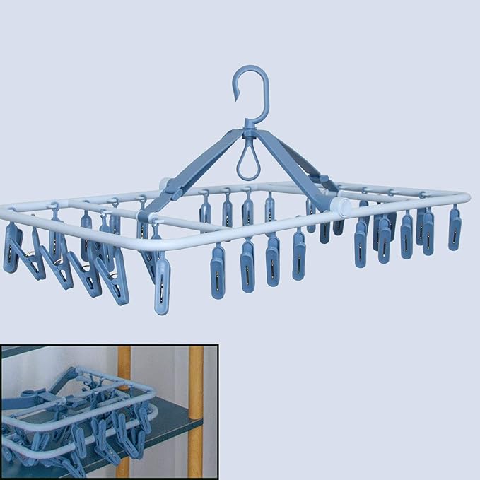 Foldable Clip Hangers Blue with 32Pcs Drying Clips Wind-Proof Hook for Underwear Socks Bras Lingerie Clothes