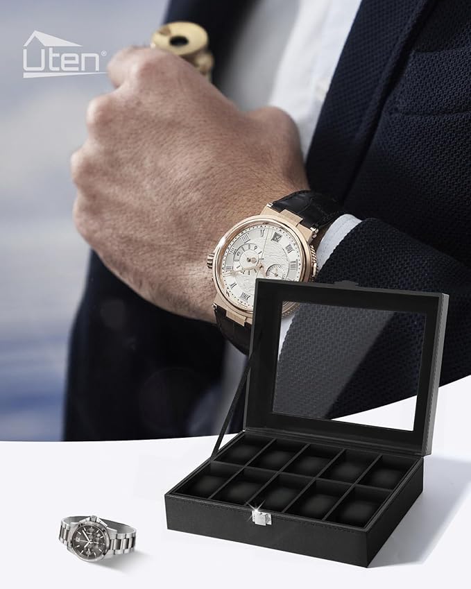 Uten Watch Box 10 Slots, Watch Box for Men, Watch Display Case, Watch Storage Box with Removable Cushion, Metal Clasp, PU Leather, Black