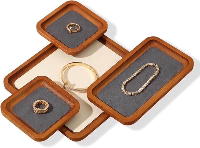 Wooden Jewelry Display Tray Rounded Rectangle Ring Showcase Stackable Elegant Bracelet Watch Jewelry Organizer for Personal Use and Commerce (Gray, Medium-W 3.9'' x H 0.6'' x L 7'')