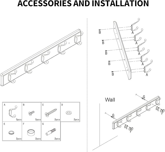 Wooden Coat Rack, Wall-Mounted Organizer for Closet, Entryway, Hallway, Foyer, Bedroom, Heavy Duty Double Hooks for Hanging Towels, Bags, Hats, Jackets, Key (Black, 5 Hooks)