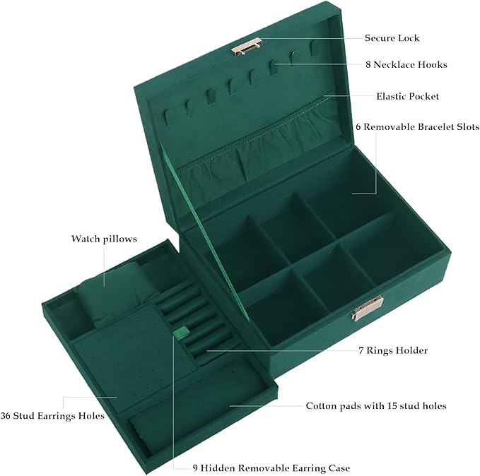Nsmykhg Velvet Jewelry Box Organizer - 2 Pack Lockable 2 Layer Travel Case with Removable Tray, Jewelry Storage for Women & Men, Jewelry Display Case for Rings, Necklace, Earrings (Green)