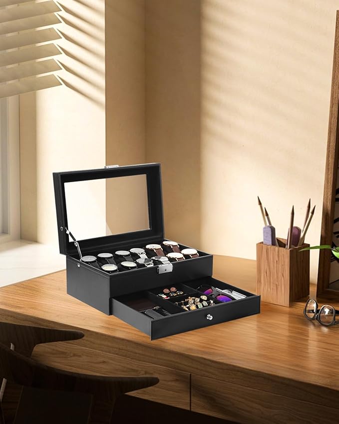 Uten 12-Slot Watch Box, 2-Layers PU Leather Watch Case with Glass Lid, Watch Holder Organizer with Soft Pillow and Velvet Lining, Watch and Jewelry Storage Box, Black