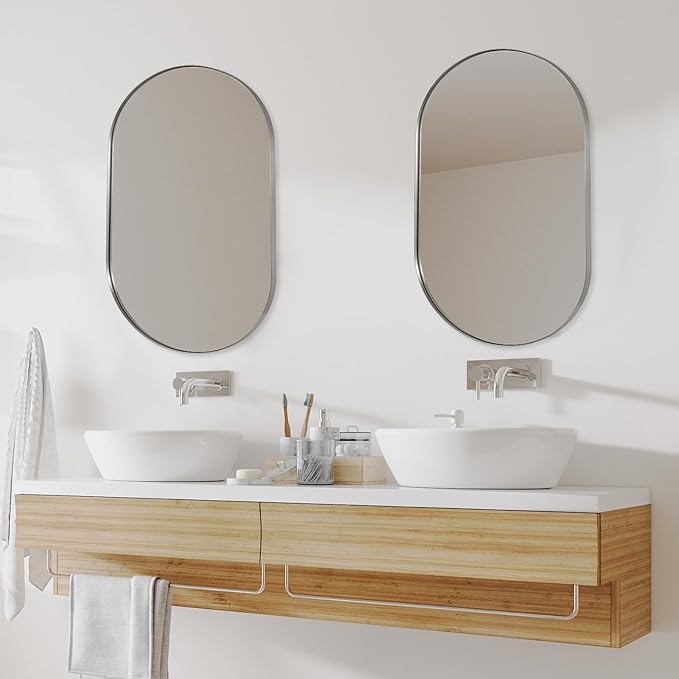 ANDY STAR Brushed Nickel Oval Bathroom Mirror, 24x36 Nickel Pill-Shaped Mirror, Oval Mirrors Wall-Mounted Mirror Vertical/Horizontal