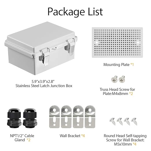 LeMotech Electrical Box, IP67 Waterproof Hinged Cover Stainless Steel Latch Junction Box, ABS Plastic Electrical Enclosure with Mounting Plate,Wall Brackets, Cable Glands,5.9"x3.9"x2.8",Grey