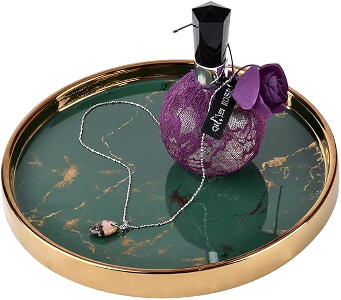 Makeup Perfume Organizer Round Bathroom Vanity Tray Decorative Dresser Tray Countertop Organizer Tray for Cosmetics,Green