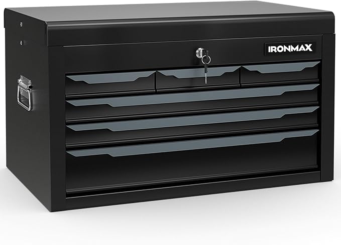 IRONMAX 6 Drawer Tool Box, 24" Lockable Toolbox with Top Tray, Portable Steel Storage Box Organizer, Heavy Duty Tool Chest Cabinet for Garage, Workshop, Repair Shop, Warehouse