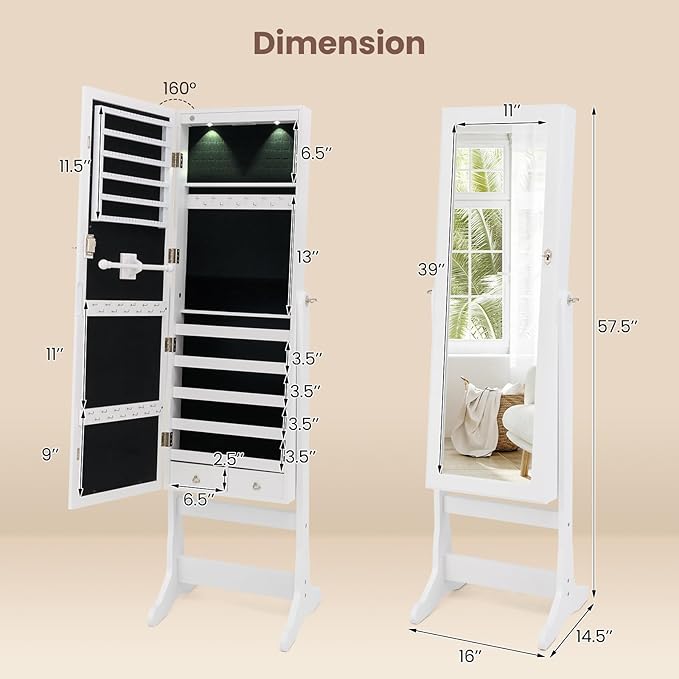 COSTWAY Standing Jewelry Cabinet, Large Storage Jewelry Armoire with Full Length Mirror, 4 Adjustable Angles & 2 LED Lights for Women, Girls (White)