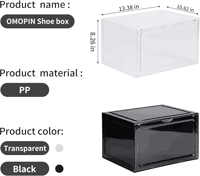 6 Pack XL Shoe Storage Box Organizer,Drop Side Large Shoe Boxes Clear Plastic Stackable Container,Magnetic Sneaker Display Case, Fit up to US 13(13.4”x 10.6”x 8.3”(6 Pack Clear)